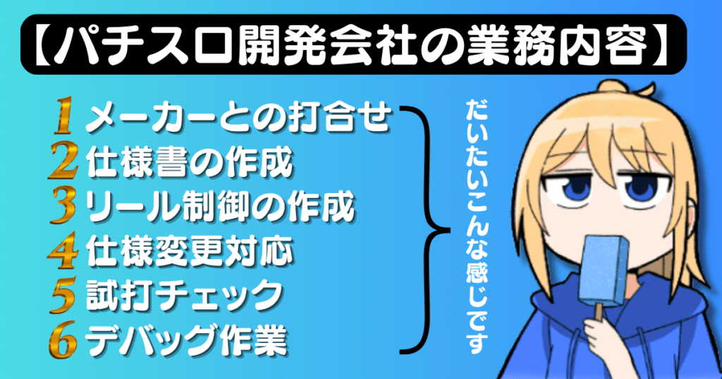 パチスロ開発会社の業務内容（メーカーとの打合せ/仕様書の作成/リール制御の作成/仕様変更対応/試打チェック/デバッグ作業）