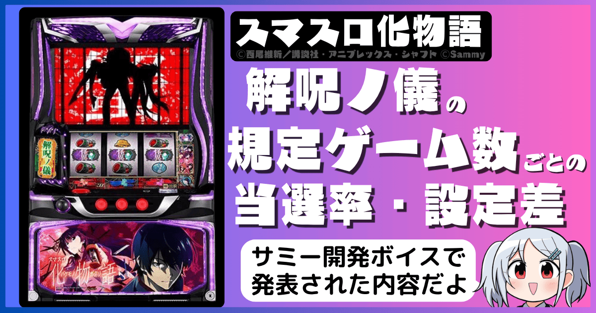 スマスロ化物語の解呪ノ儀の規定ゲーム数ごとの当選率・設定差まとめ